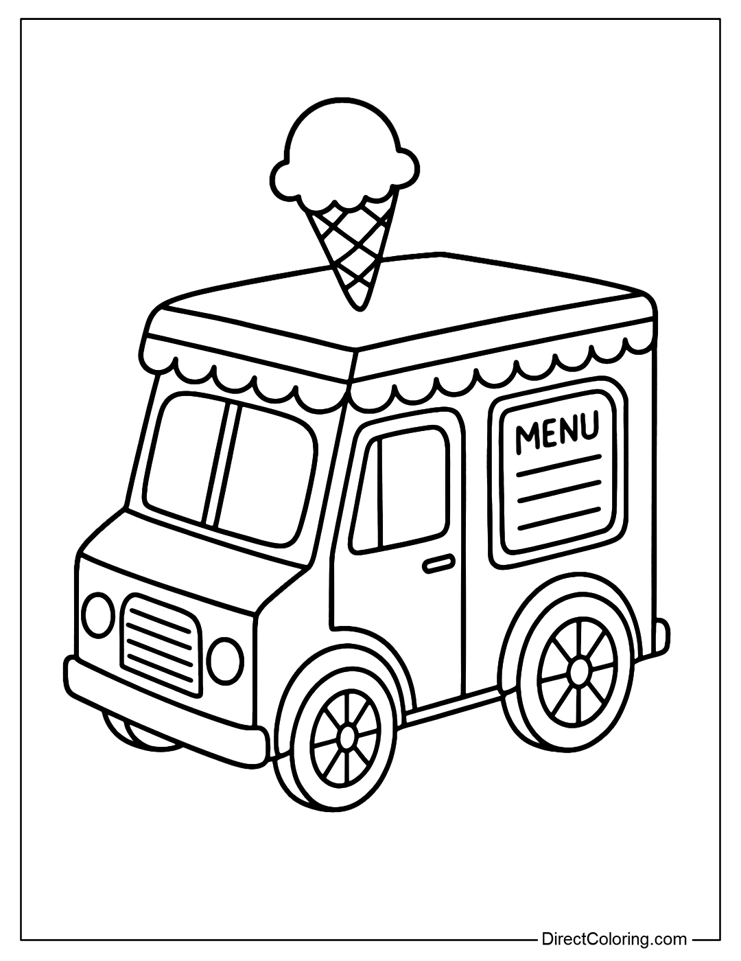 a vintage ice cream cart coloring page with round boxes, lace patterns, handwritten menus, big wheels.